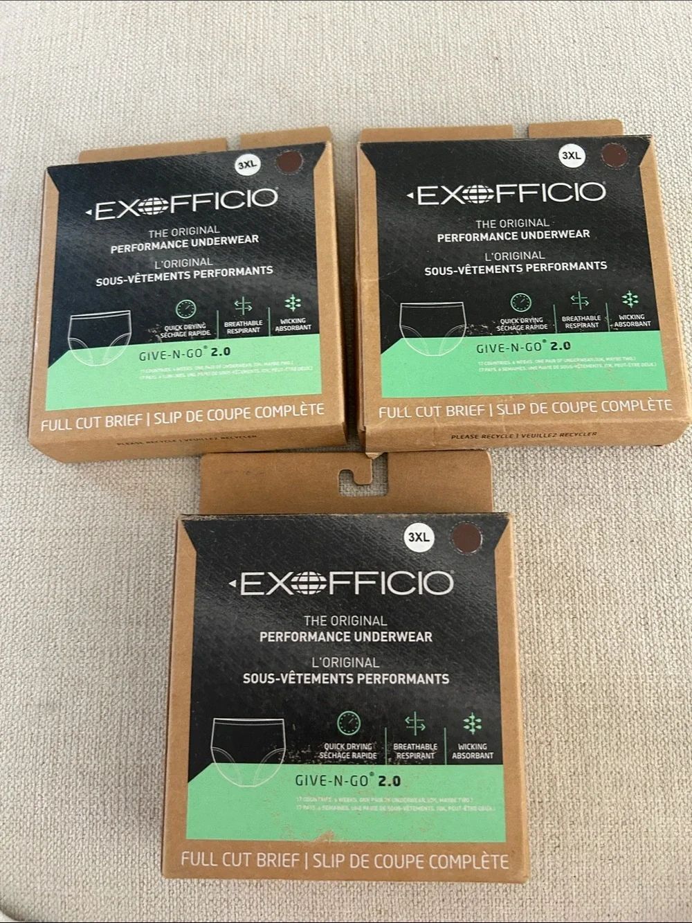 ExOfficio BUNDLE OF 3 Give-N-Go 2.0 Full Cut Brief - Cacao, Size 3XL, NWT